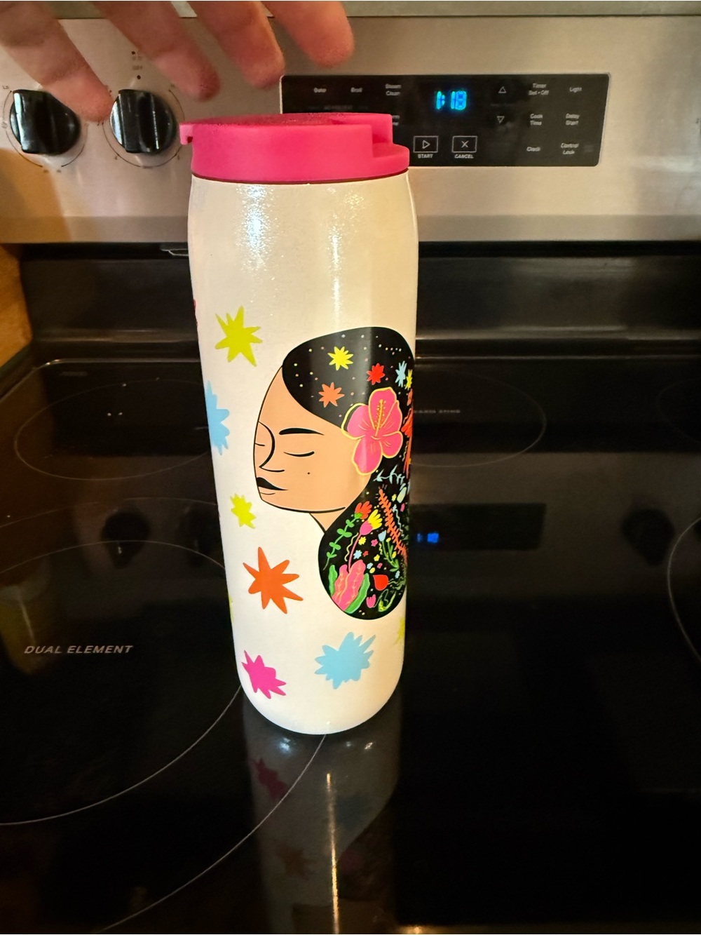 Starbucks White Travel Tumbler with Pink Lid and Colorful Floral Art